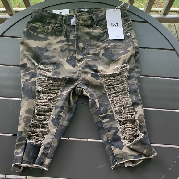 AMERICAN BAZI OLIVE GREEN BROWN CAMPO PRINT DOUBLE SIDED DISTRESSED SHORTS - Picture 7 of 13